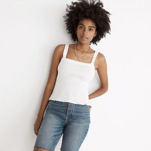 Madewell White Lucie Smocked Button-Back Tank Top